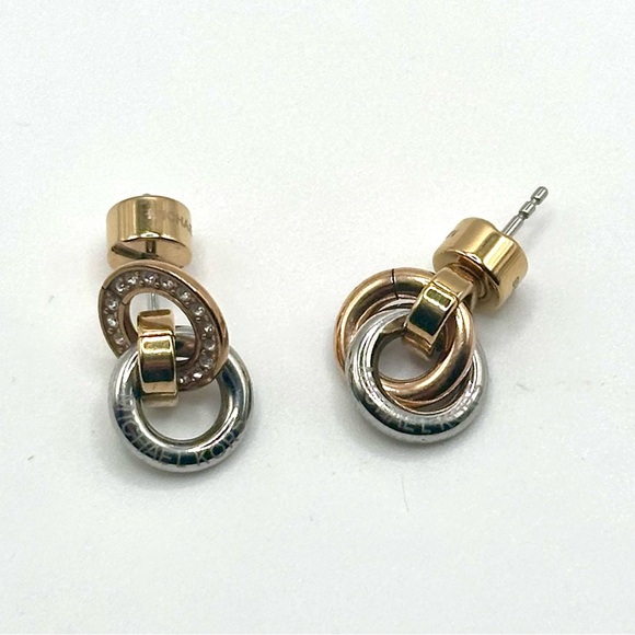 Michael Kors Crystal Pavè Interlocked Ring Drop Earrings Tri Colored Gold Silver - Picture 3 of 4
